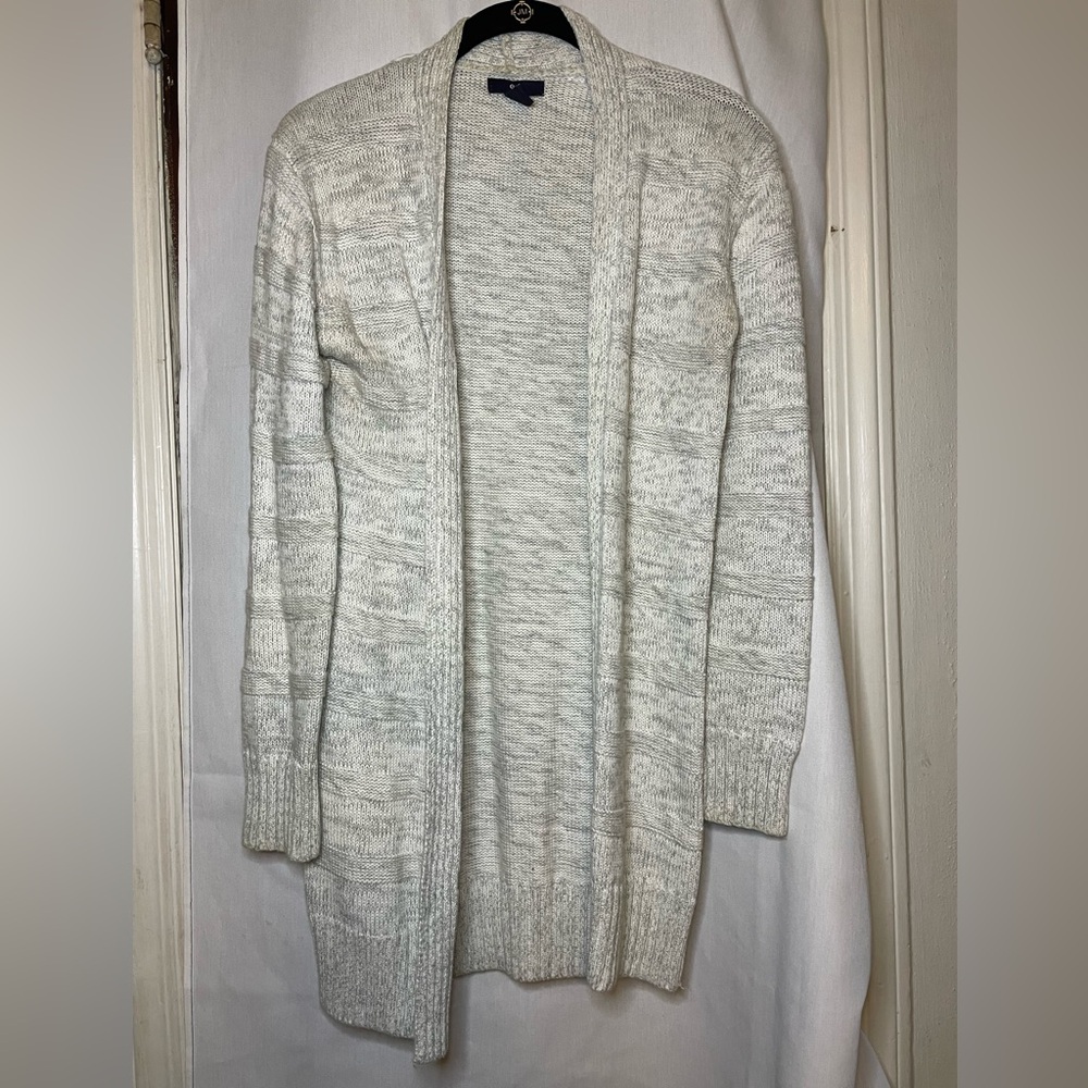 GAP Women's Light Gray & White Long Knit Flyaway Heavy Cardigan Sweater Size XS